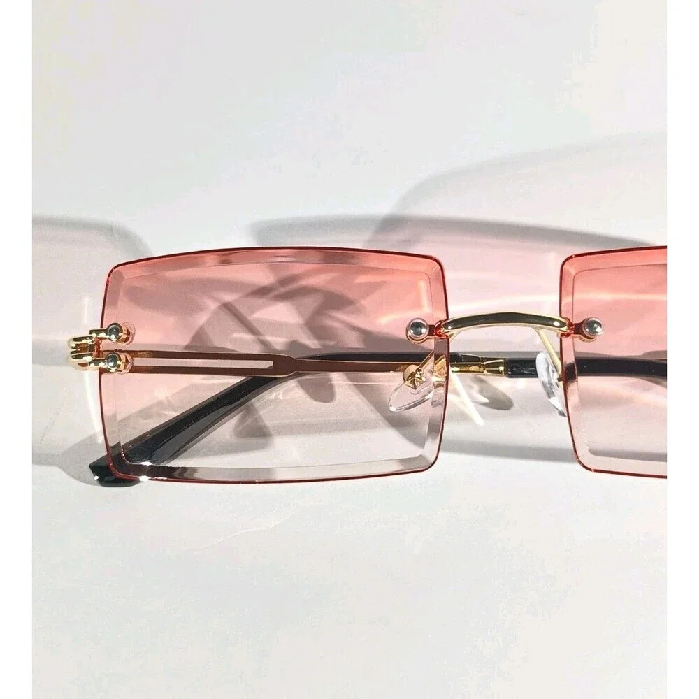 Rimless Square Sunglasses Pink Tint Unisex Metal Frame